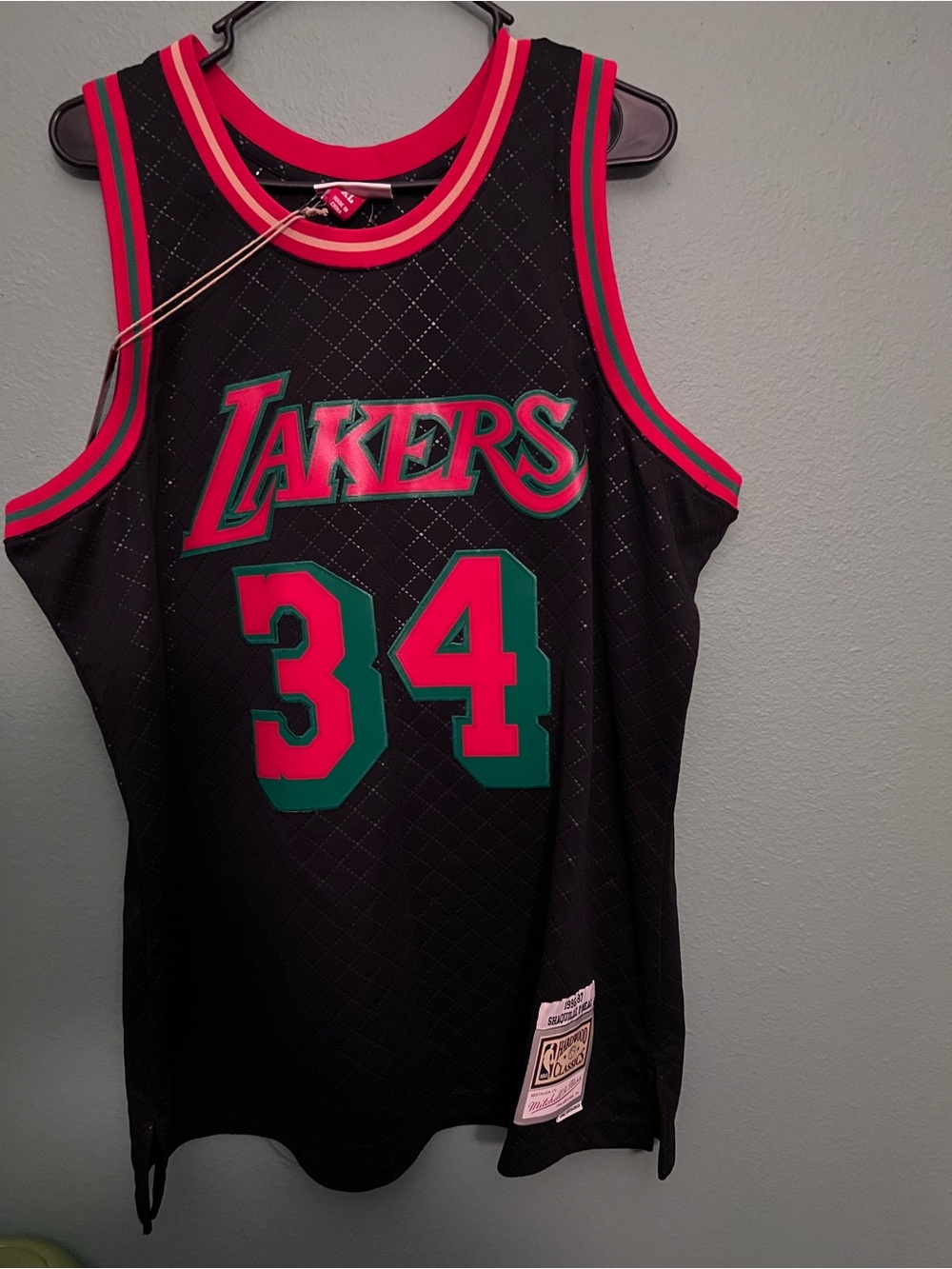 Lakers Shaq #34 Black Retro Basketball Jersey with Red & Green Accents